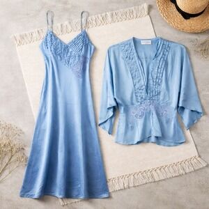 Lily Of France M Vintage 60's Long Nightgown Robe Blue Set Union‎ Made USA Lace